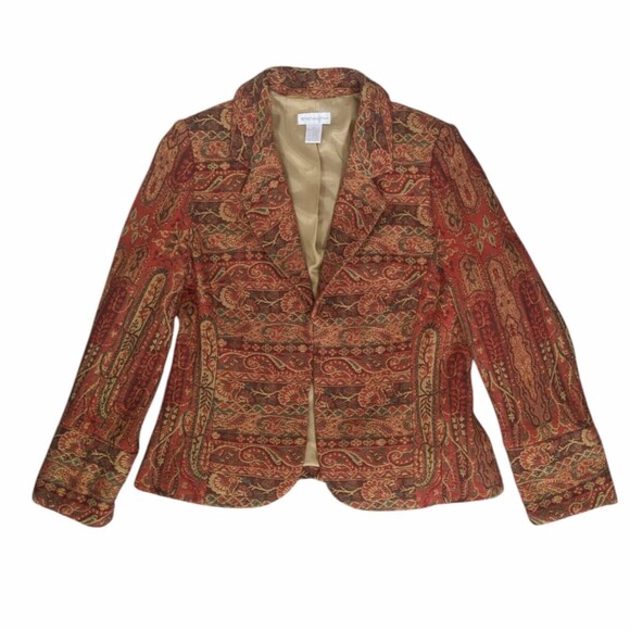 Vintage Blazer Women 14 Paisley Tapestry Worthington Orange Woven Cotton Jacket - Picture 1 of 11